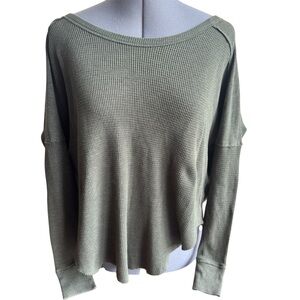 TNA Waffle Knit Olive Long Sleeve Top Slouchy Relaxed Casual Minimalist Lounge